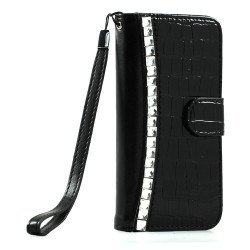 Apple iPhone 5 5S Crystal Bling Flip Leather Wallet TPU Case with Strap and Stand (Black)